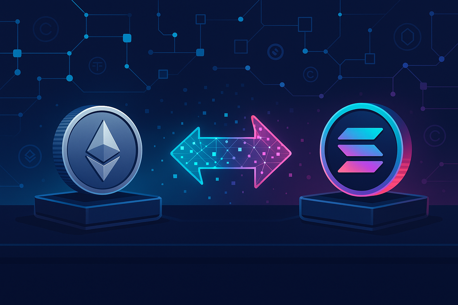 Futuristic crypto dashboard showing ETH to SOL swap on a neon blockchain network