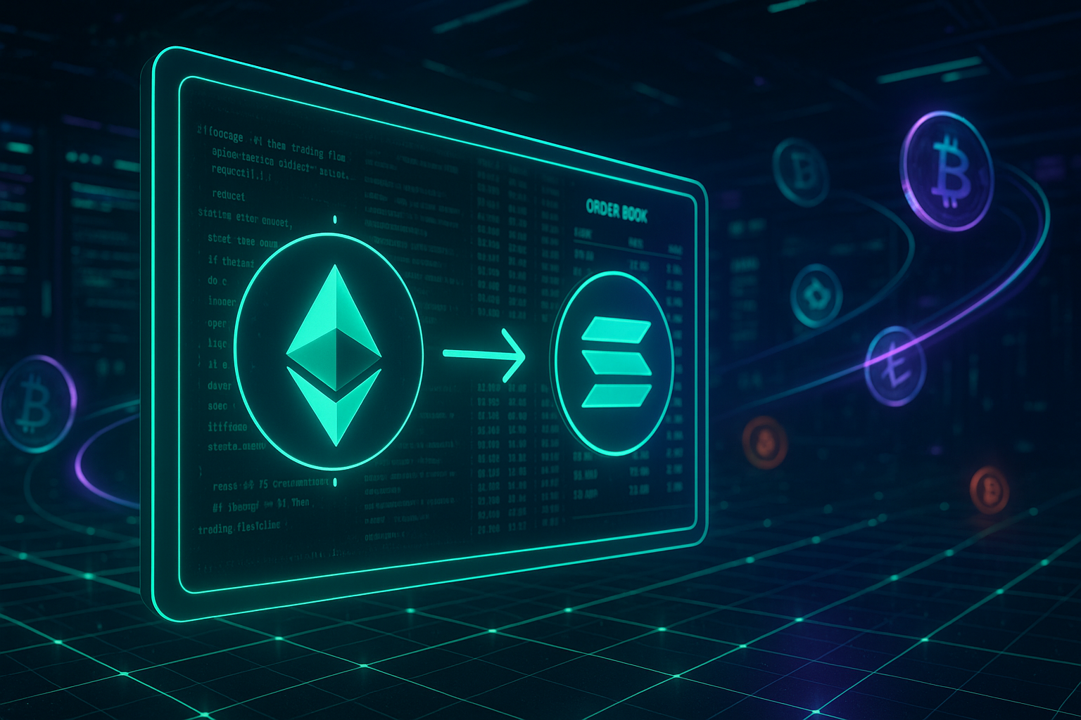 Cinematic crypto hub interface showing ETH to SOL token swap in a cyberpunk trading environment