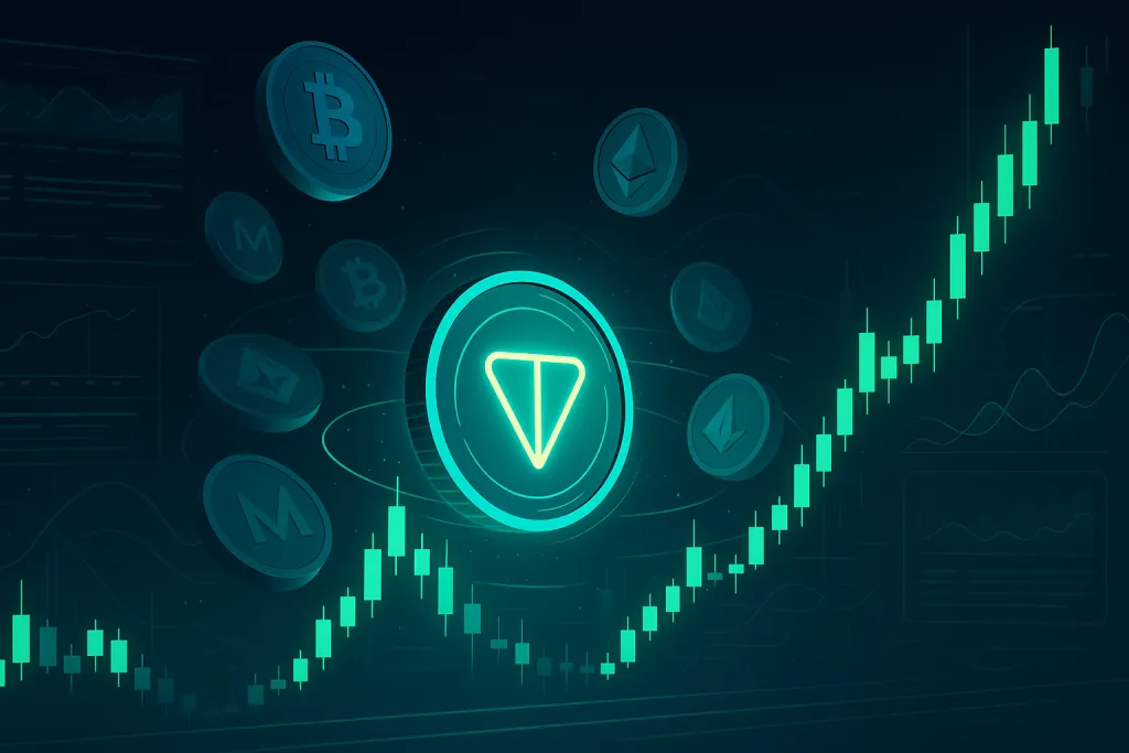 Panel de control futurista para el comercio de criptomonedas con la moneda TON y gráficos de precios en alza.