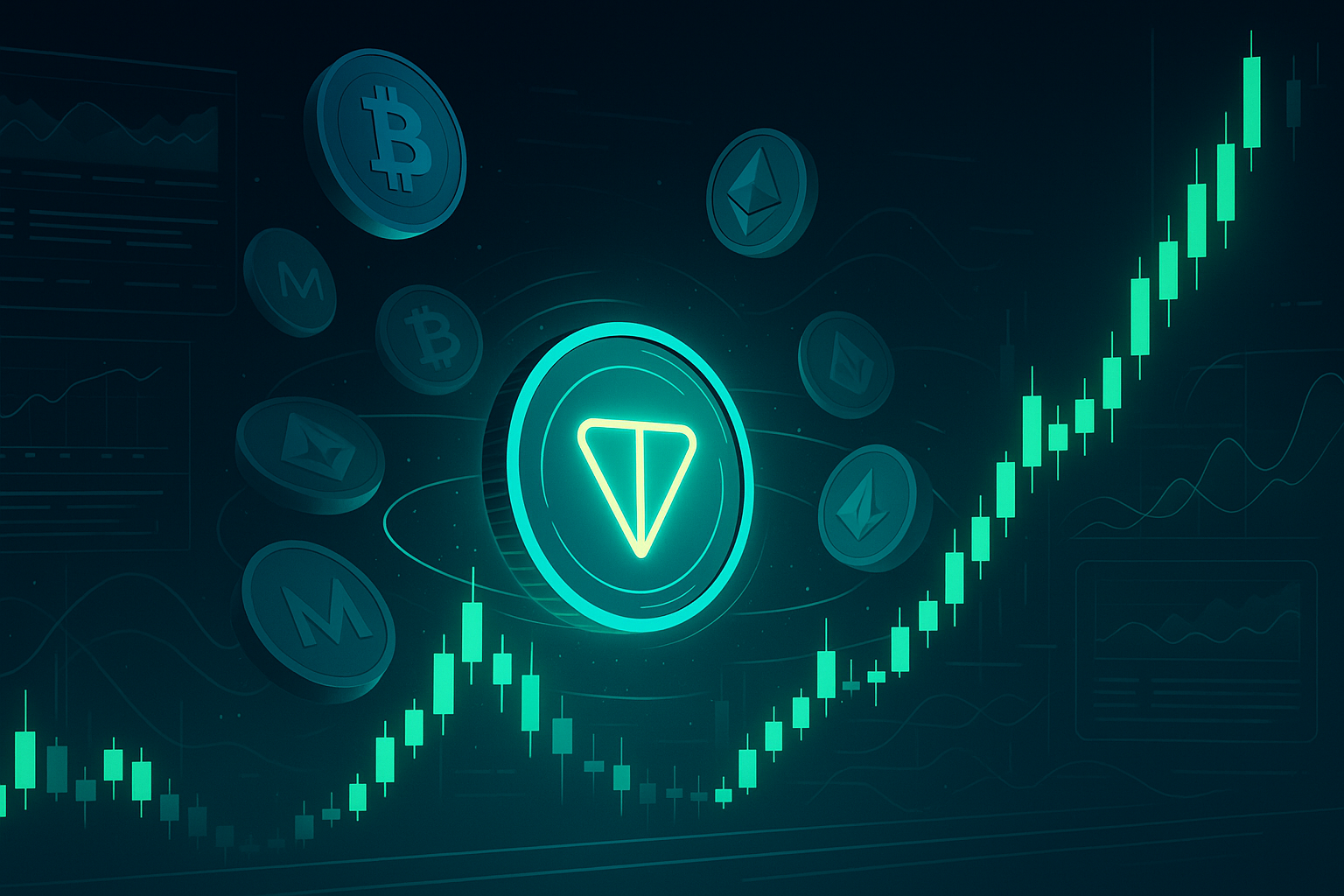 Futuristic crypto trading dashboard with TON coin and rising price charts
