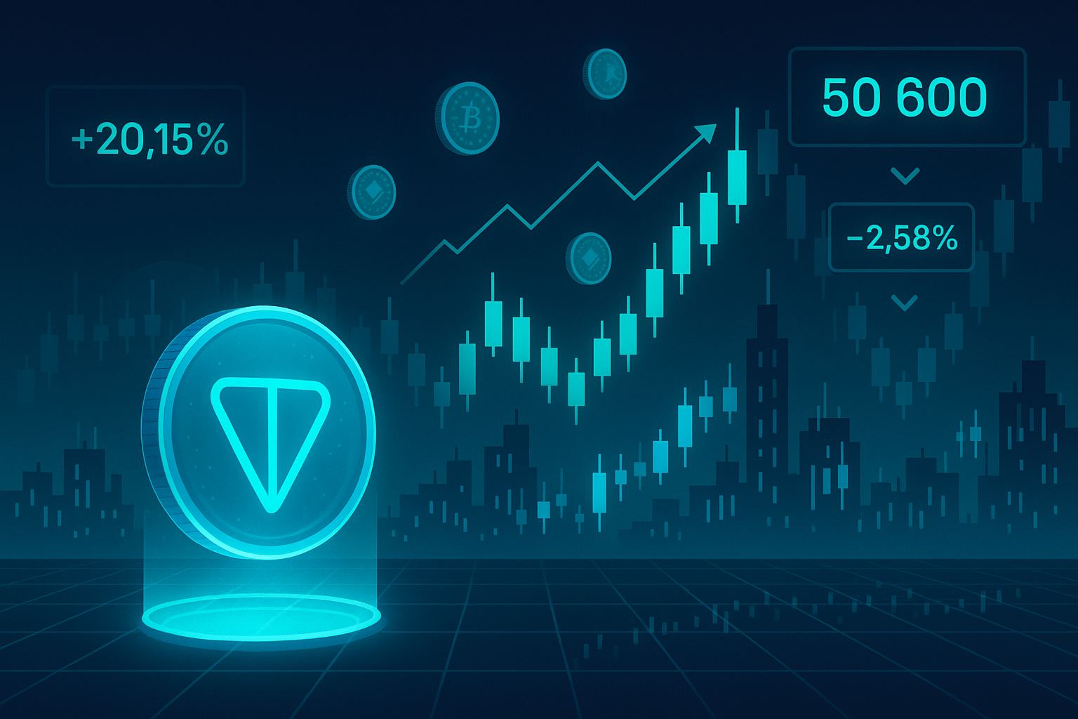 TON coin hologram over cyberpunk trading chart skyline for price prediction