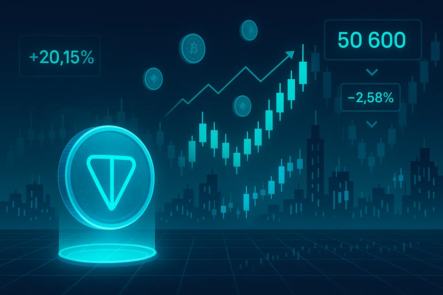 Holograma de la moneda TON sobre el horizonte del gráfico de comercio cyberpunk para predicción de precios