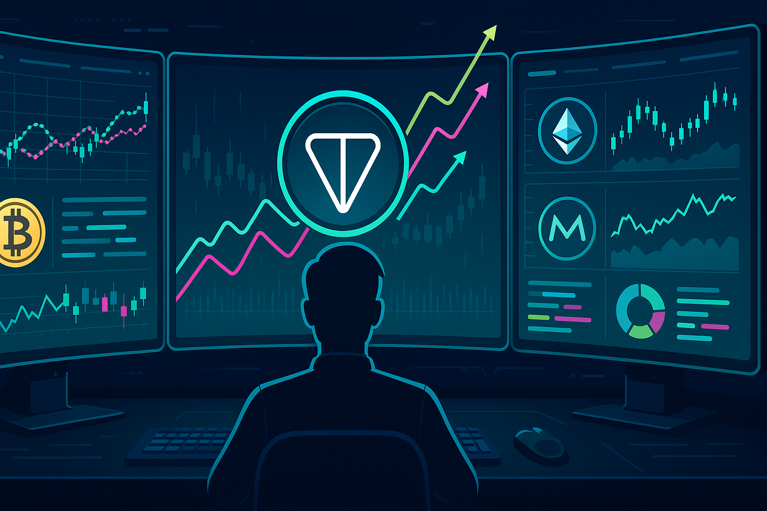 Trader analyzing TON price prediction charts beside major crypto coins