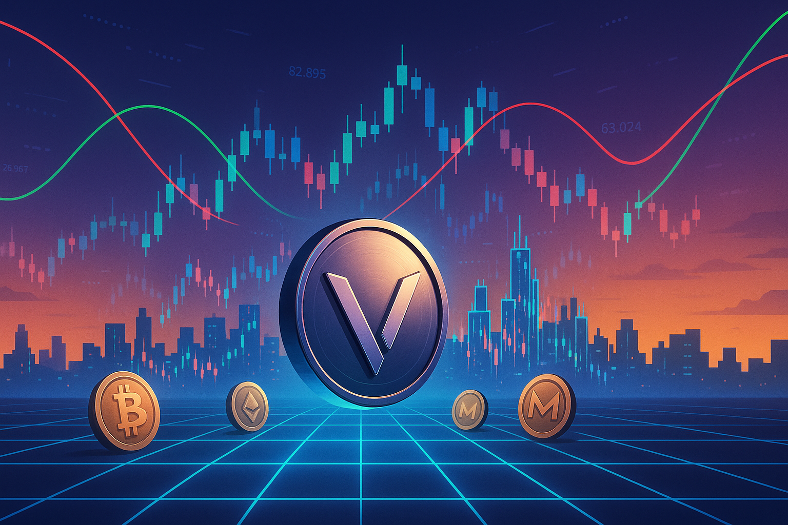 Futuristic crypto skyline with V-shaped coin and candlestick charts for VeChain price prediction