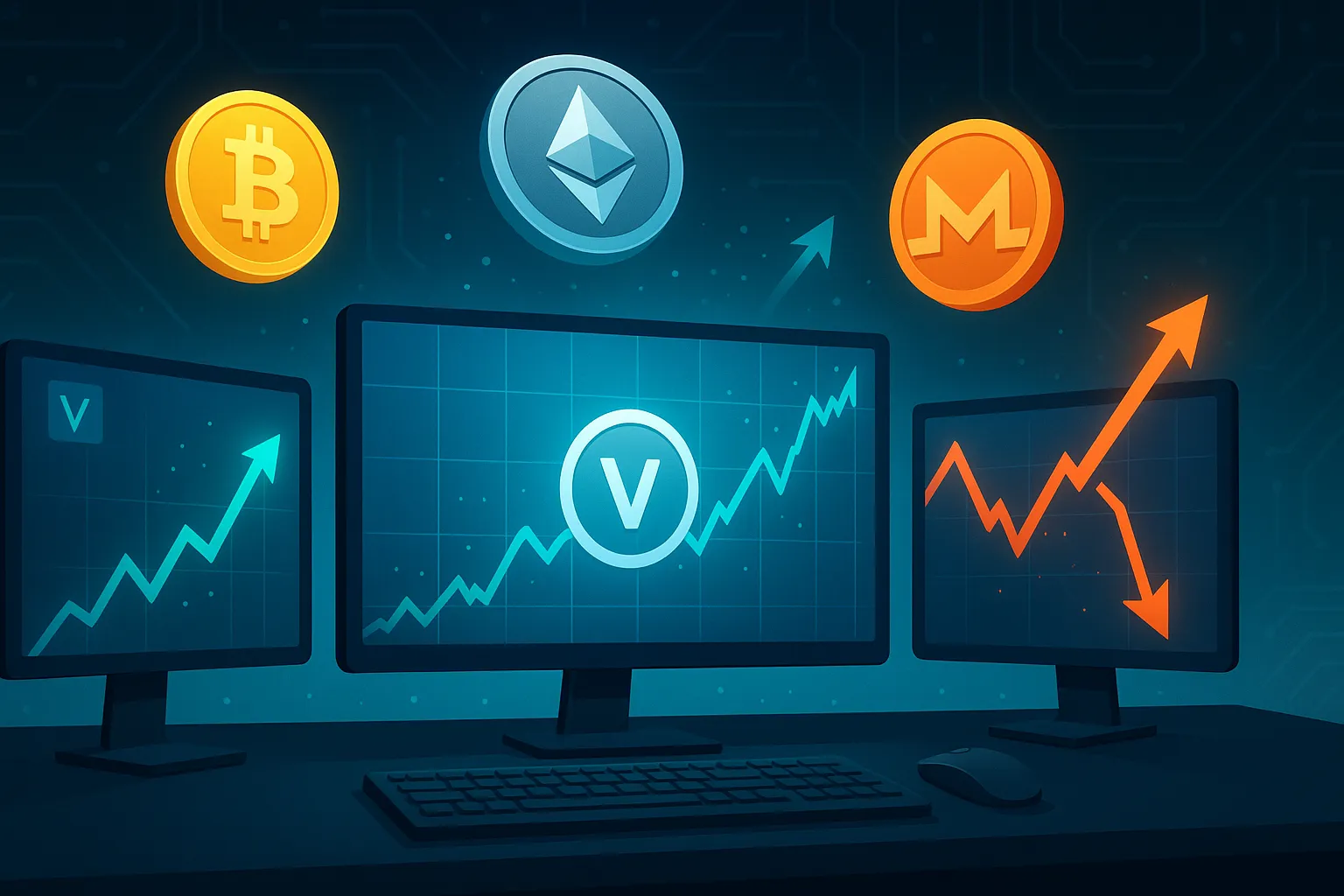 Grafici di previsione del prezzo di VeChain sulla scrivania del trader di criptovalute con monete luminose