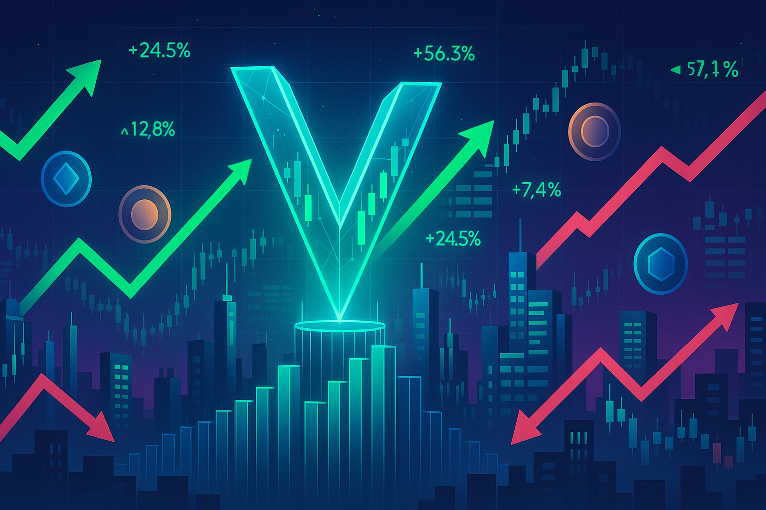 Futuristic crypto city with V-shaped digital coin and dynamic market charts