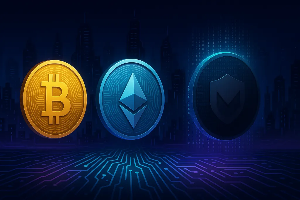 Paesaggio urbano futuristico nel mondo delle criptovalute, con Bitcoin, Ethereum e una moneta a protezione della privacy che brillano di circuiti al neon.