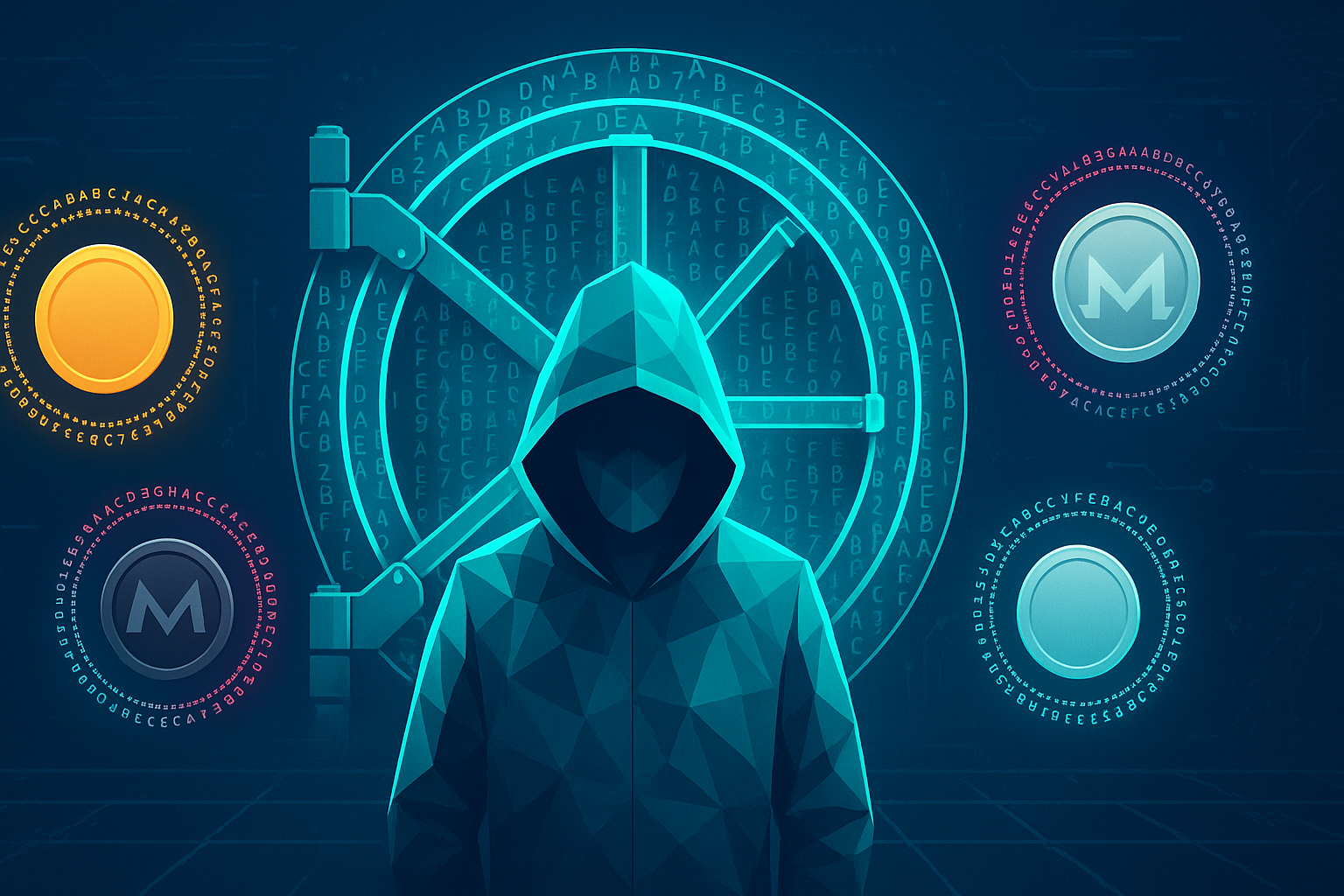 Hooded digital avatar with crypto coins and code vault symbolizing privacy coins