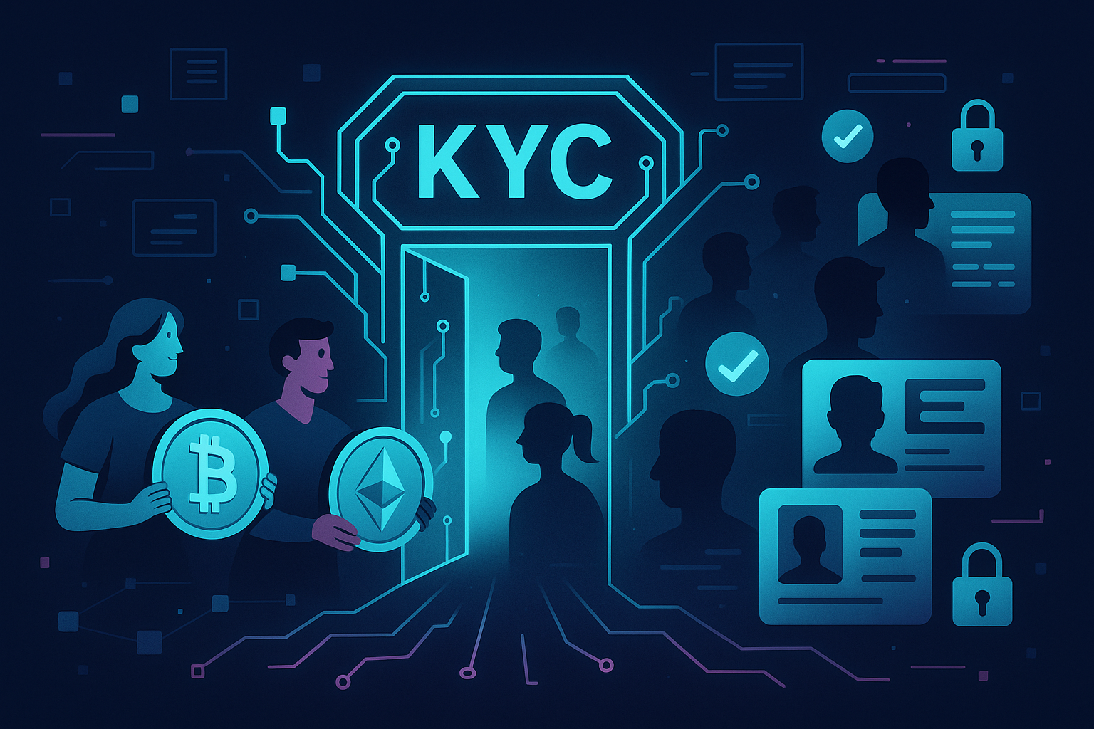 Futuristic crypto KYC doorway turning users into verified digital IDs
