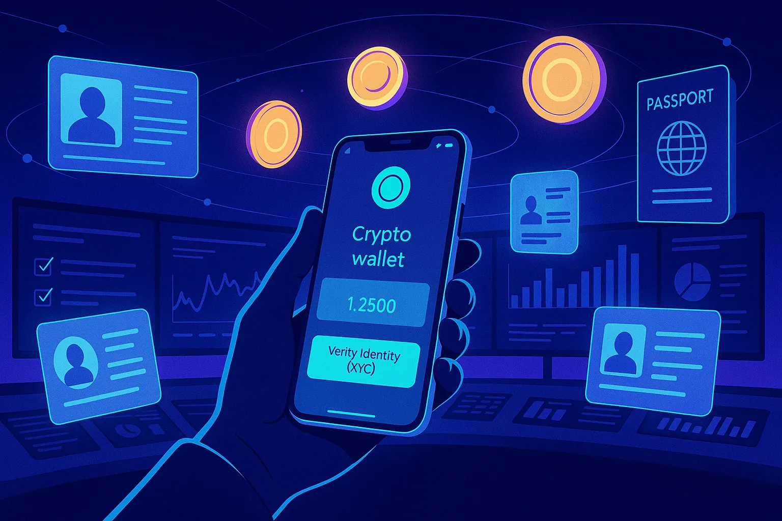 Salle de contrôle futuriste d'une plateforme d'échange de cryptomonnaies montrant un utilisateur effectuant une procédure KYC sur un portefeuille mobile
