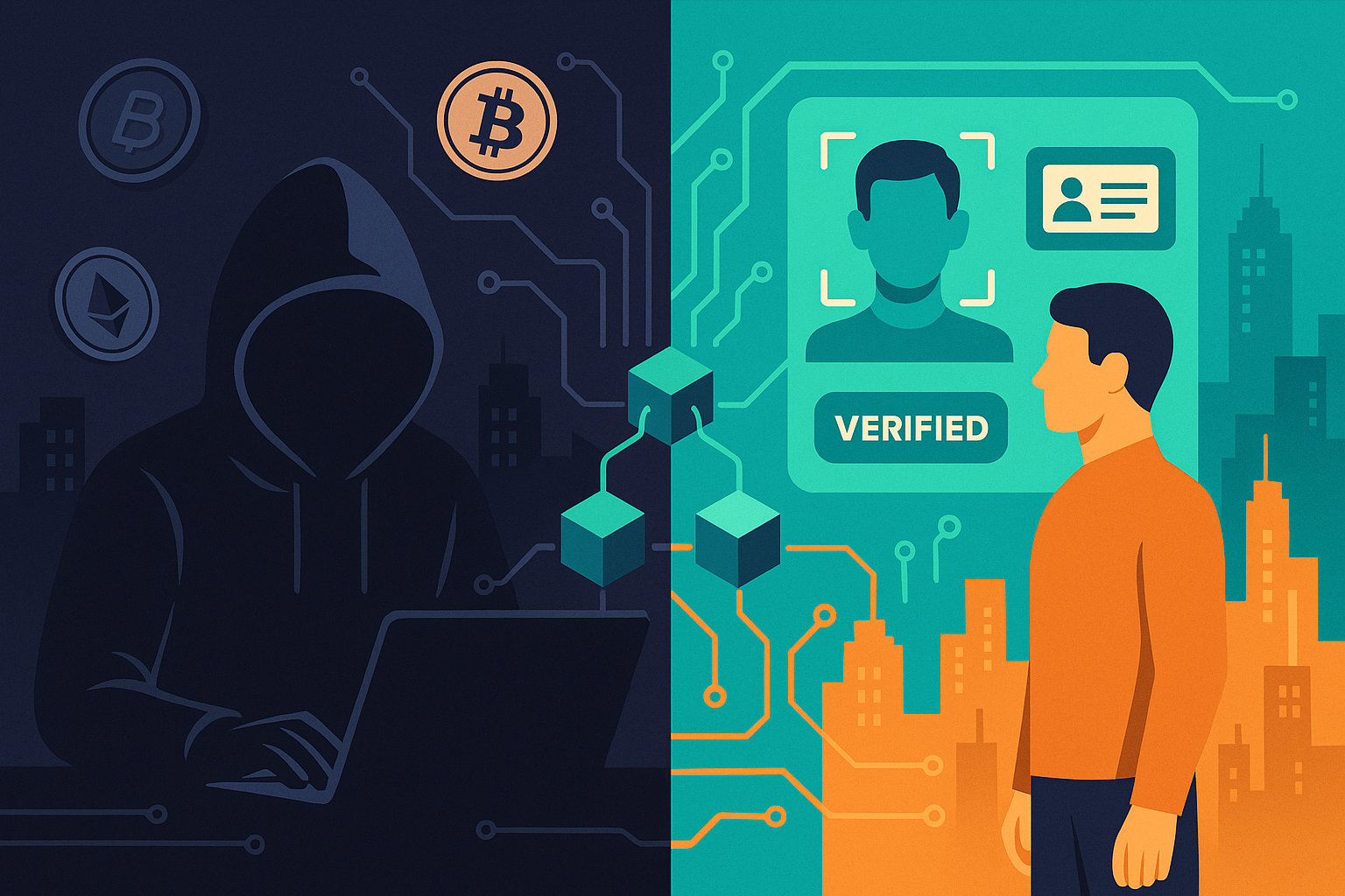 Split-screen crypto trader moving from anonymous trading to verified KYC identity
