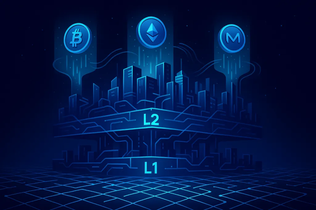 Futuristische Blockchain-Stadt der Ebenen 1 und 2 mit Kryptowährungen und Datenflüssen