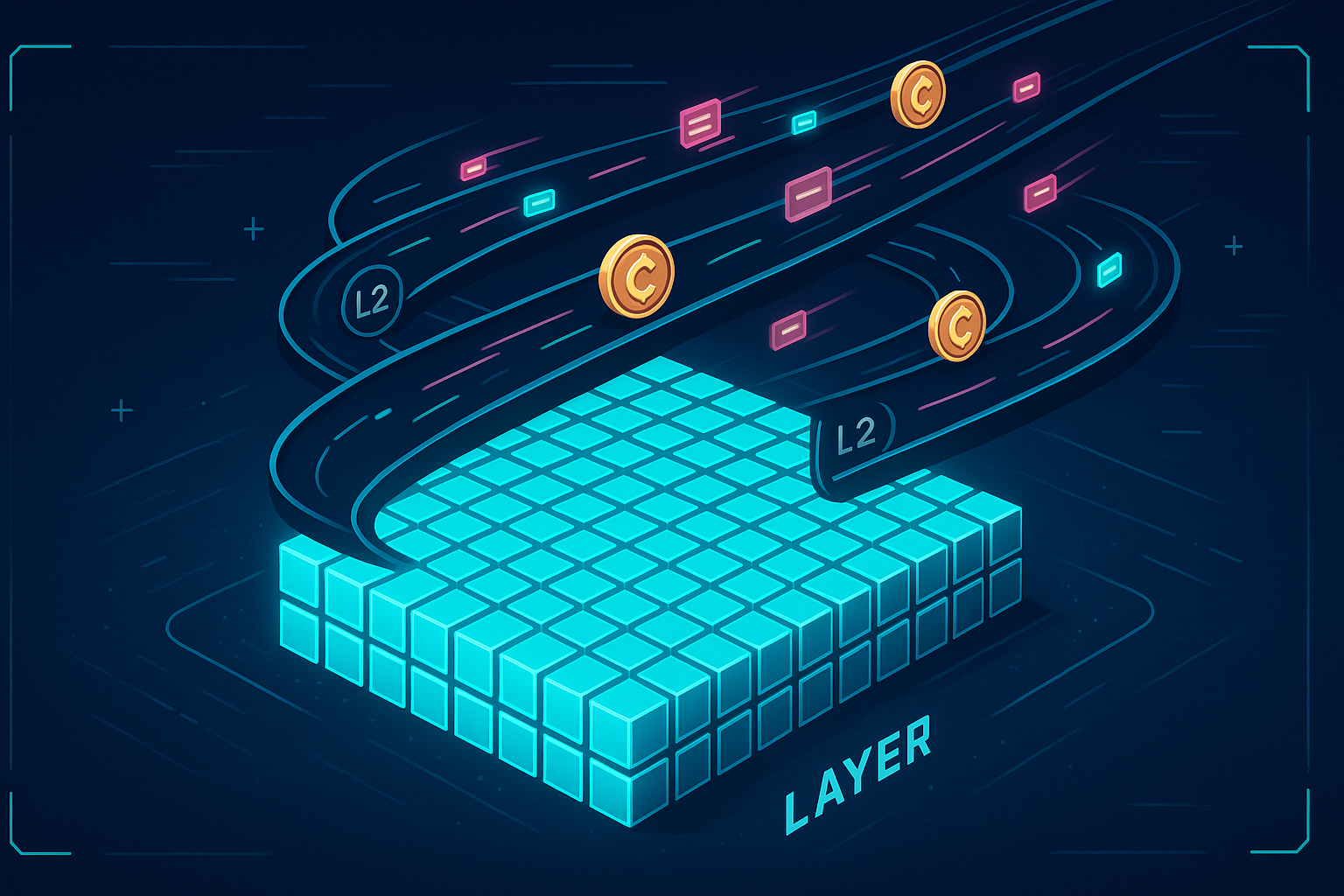 Futuristic Layer 2 crypto highways above a base blockchain layer