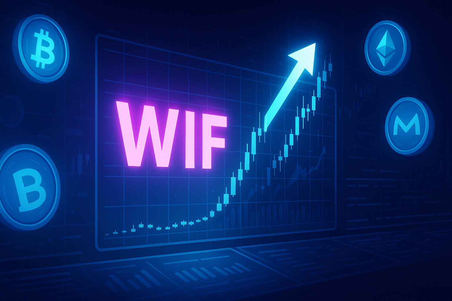 Futuristic crypto terminal showing bullish WIF price surge with major coins