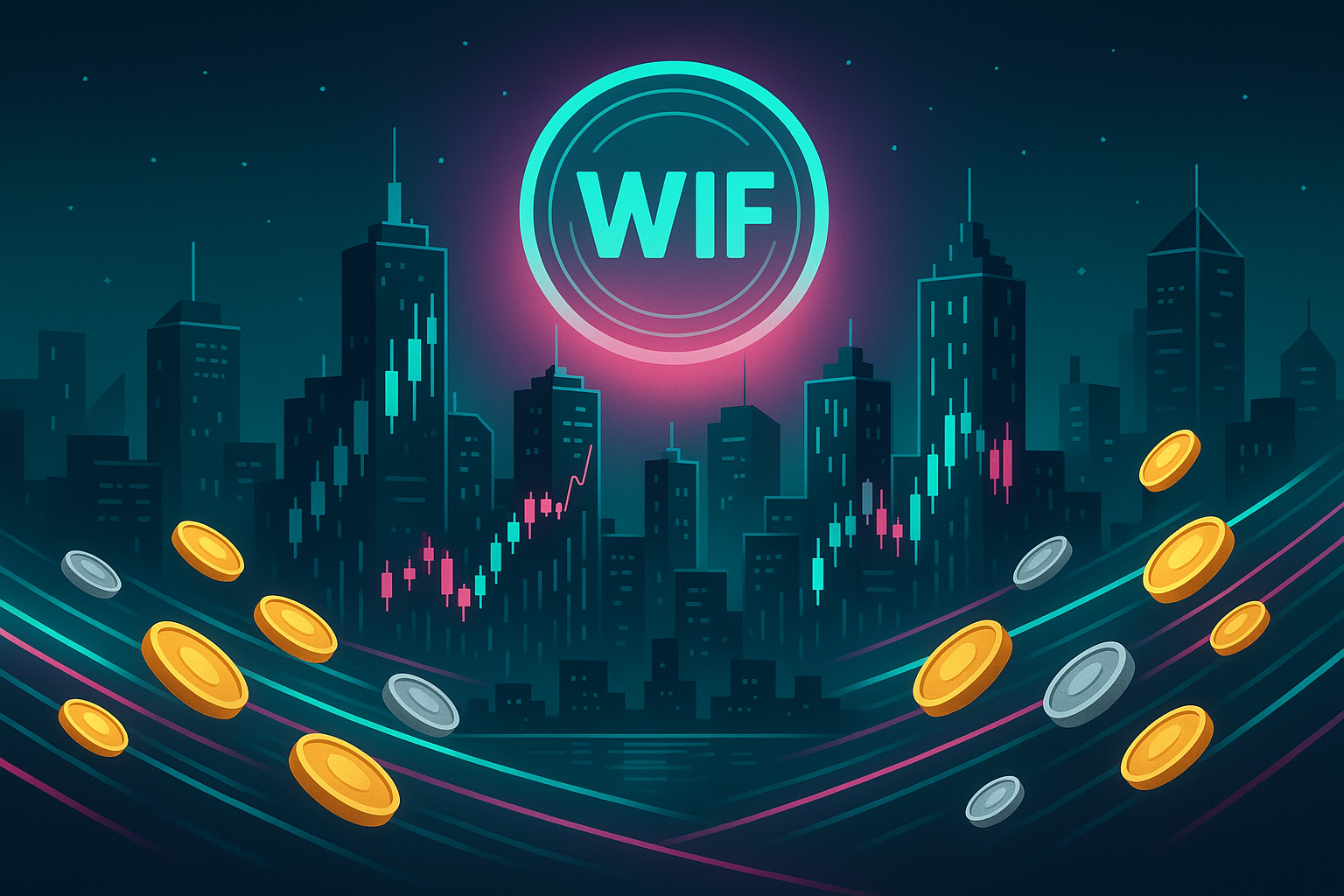 Cyberpunk crypto city skyline with holographic WIF symbol and flying coins
