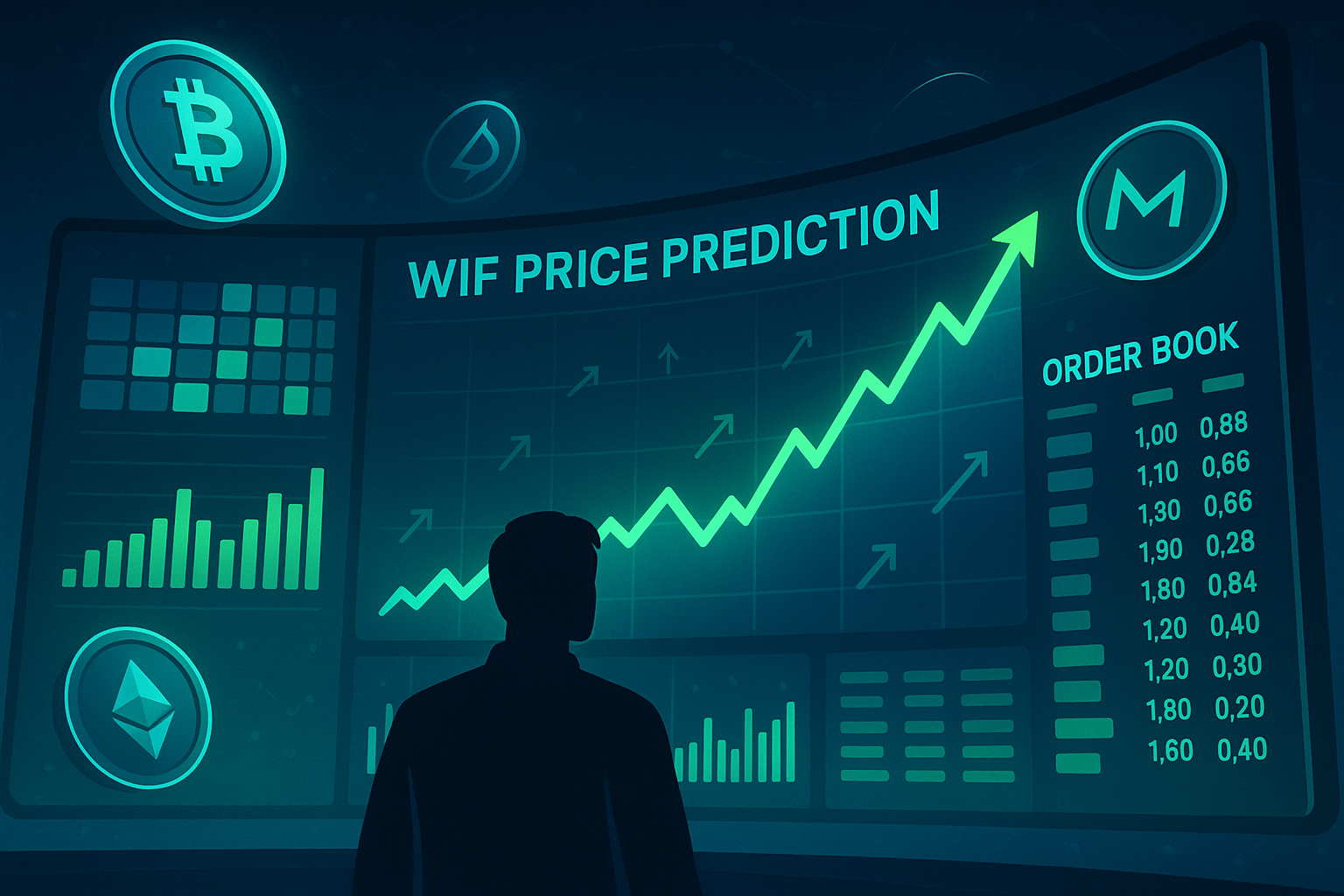 Trader analyzing curved screen with WIF price prediction charts and crypto market data