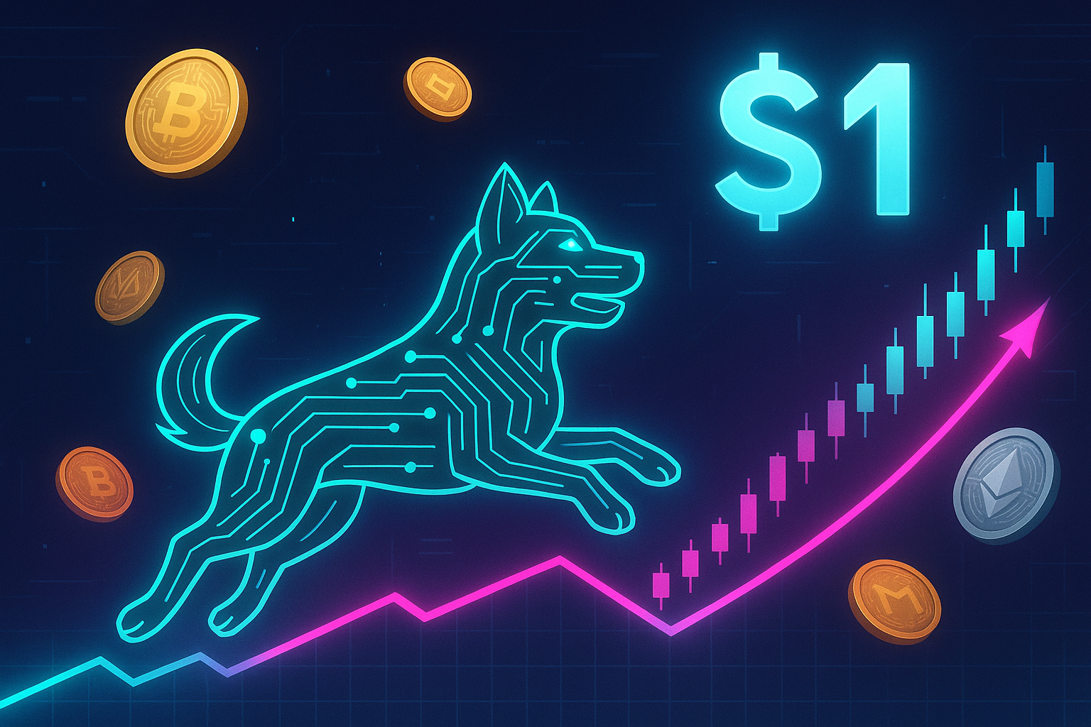Futuristic Shiba Inu made of circuitry racing up neon crypto price chart toward $1 milestone