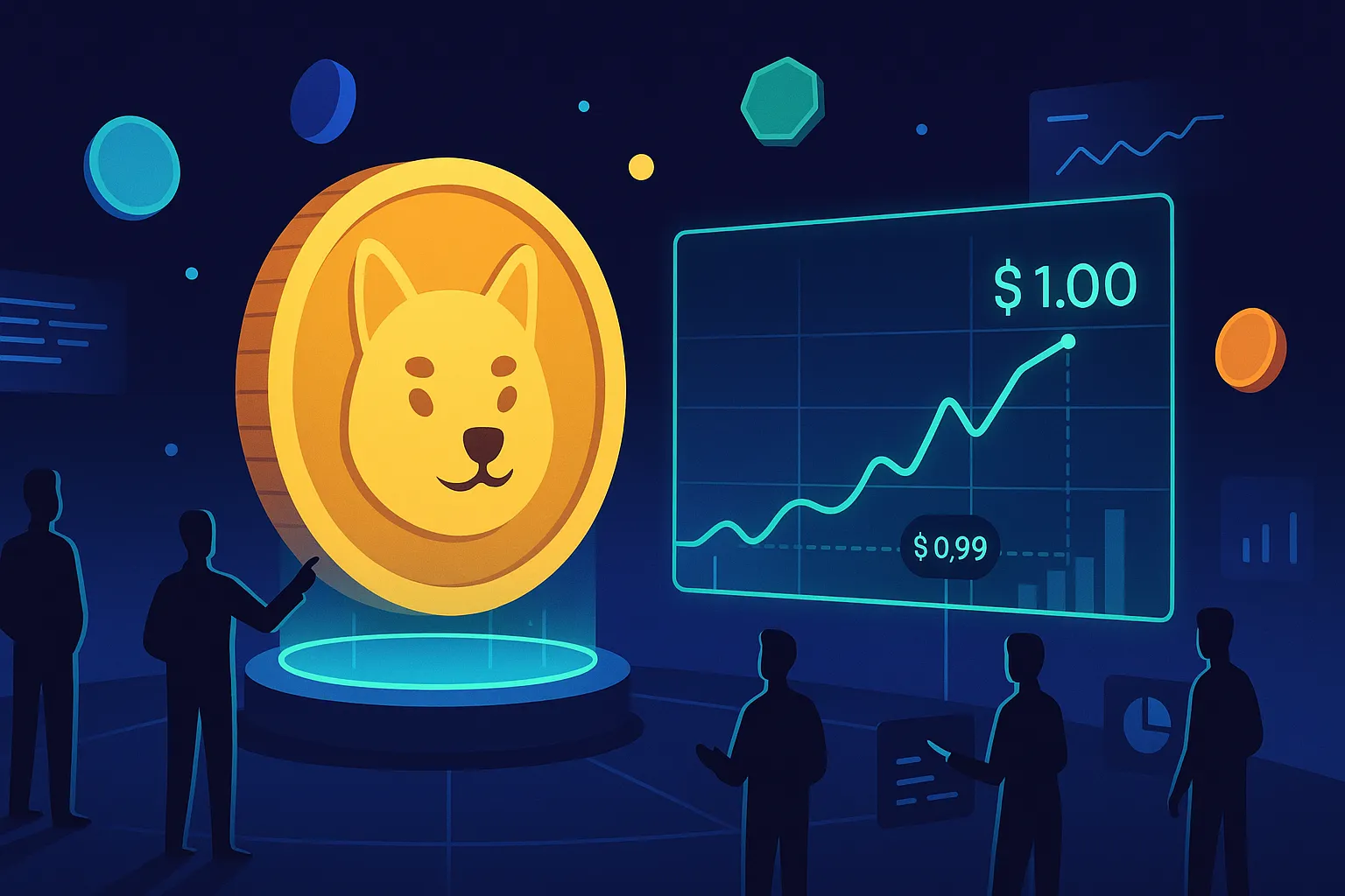 Eine Kryptowährung mit Hundemotiv notiert bei 0.99 US-Dollar und nähert sich auf einem futuristischen Handelsplatz der 1-Dollar-Marke.