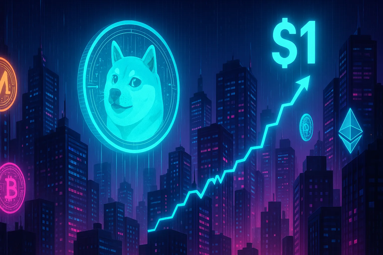 Neonfarbene Cyberstadt mit holografischer Hundemünze und steigendem Kryptopreis in Richtung 1 US-Dollar