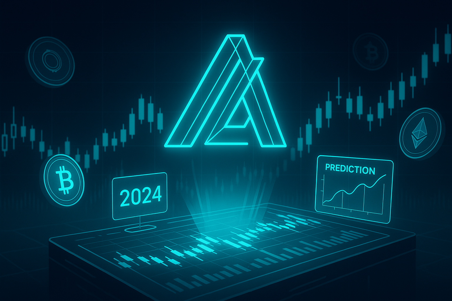 ALGO price prediction dashboard with neon candlestick charts in 2024