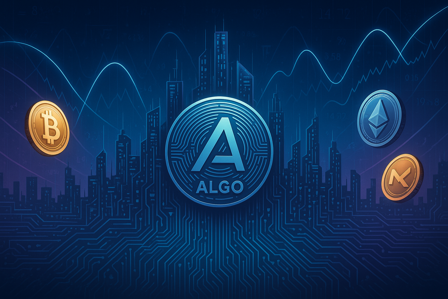 ALGO token with crypto coins and price prediction graphs over neon circuit city