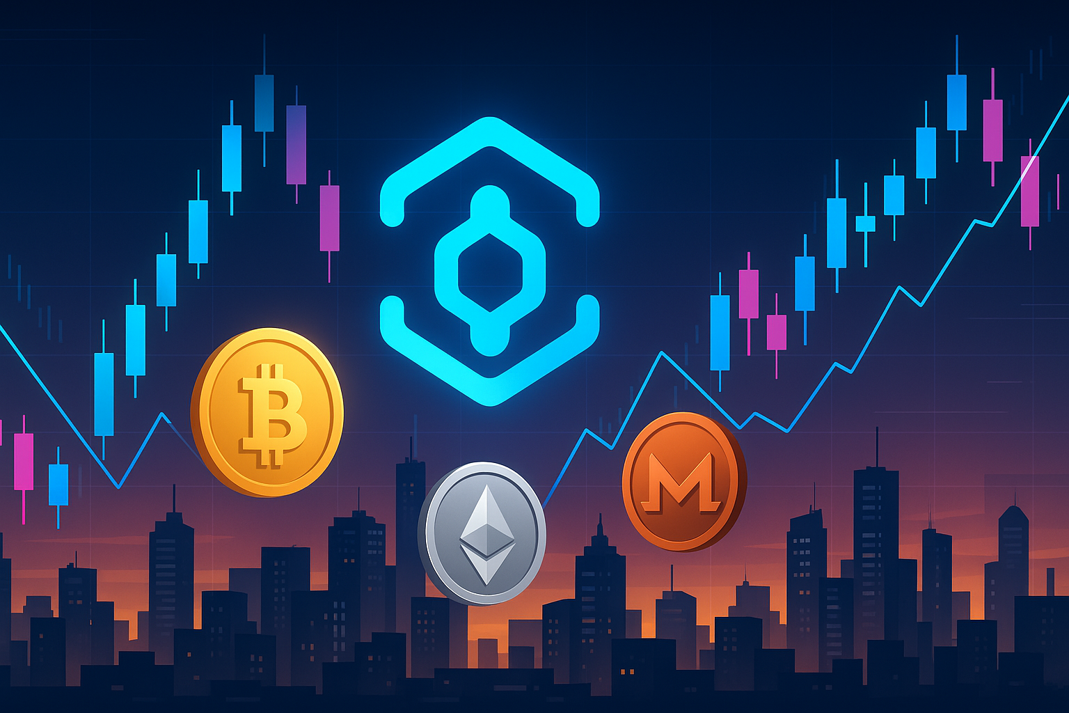Futuristic crypto city with Ankr-style node symbol and price charts