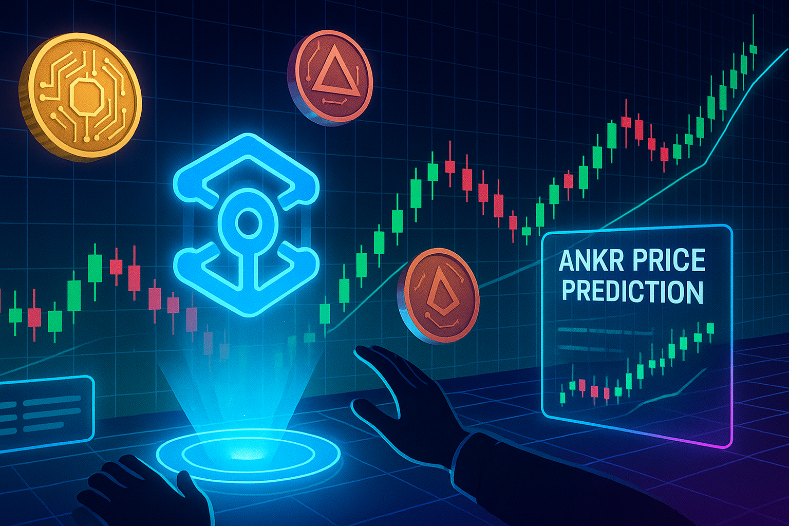 Trader analyzing Ankr price prediction on holographic crypto desk with charts and network node icon