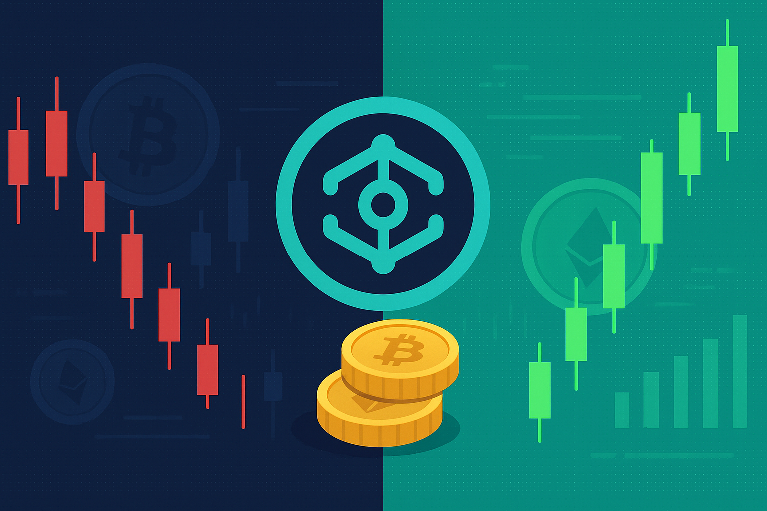Ankr-style crypto icon over bearish and bullish candle chart halves