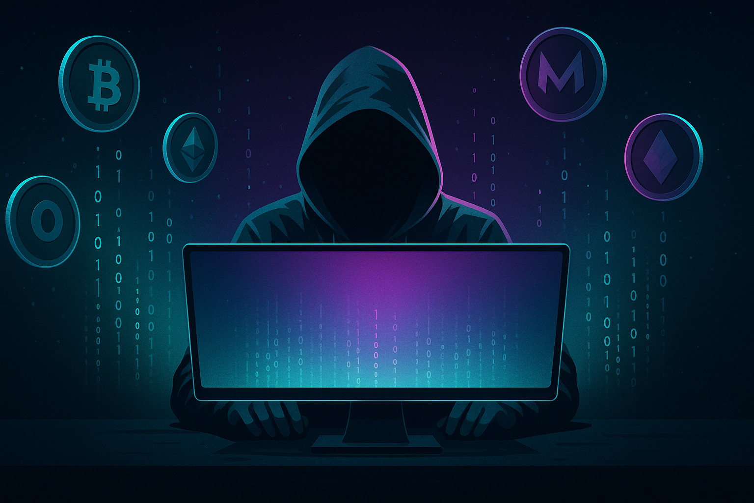 Hooded figure at glowing ultrawide monitor surrounded by anonymous crypto coins