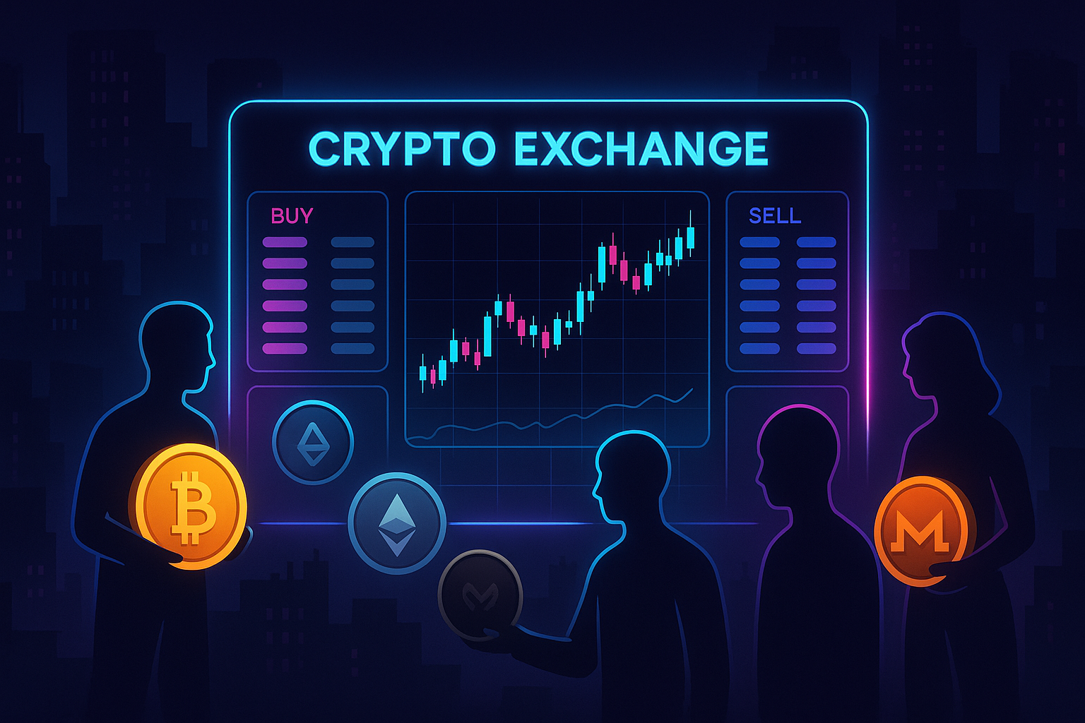 Futuristic anonymous crypto exchange interface over a neon cyberpunk cityscape