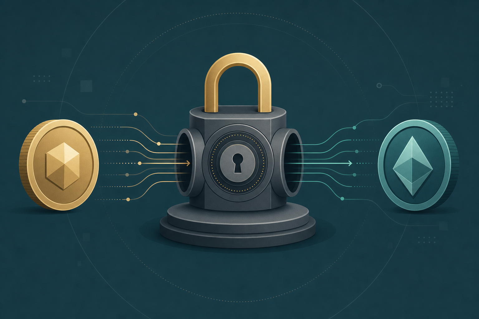 Illustration of a crypto token passing through a privacy lock and emerging as a different token in a swap