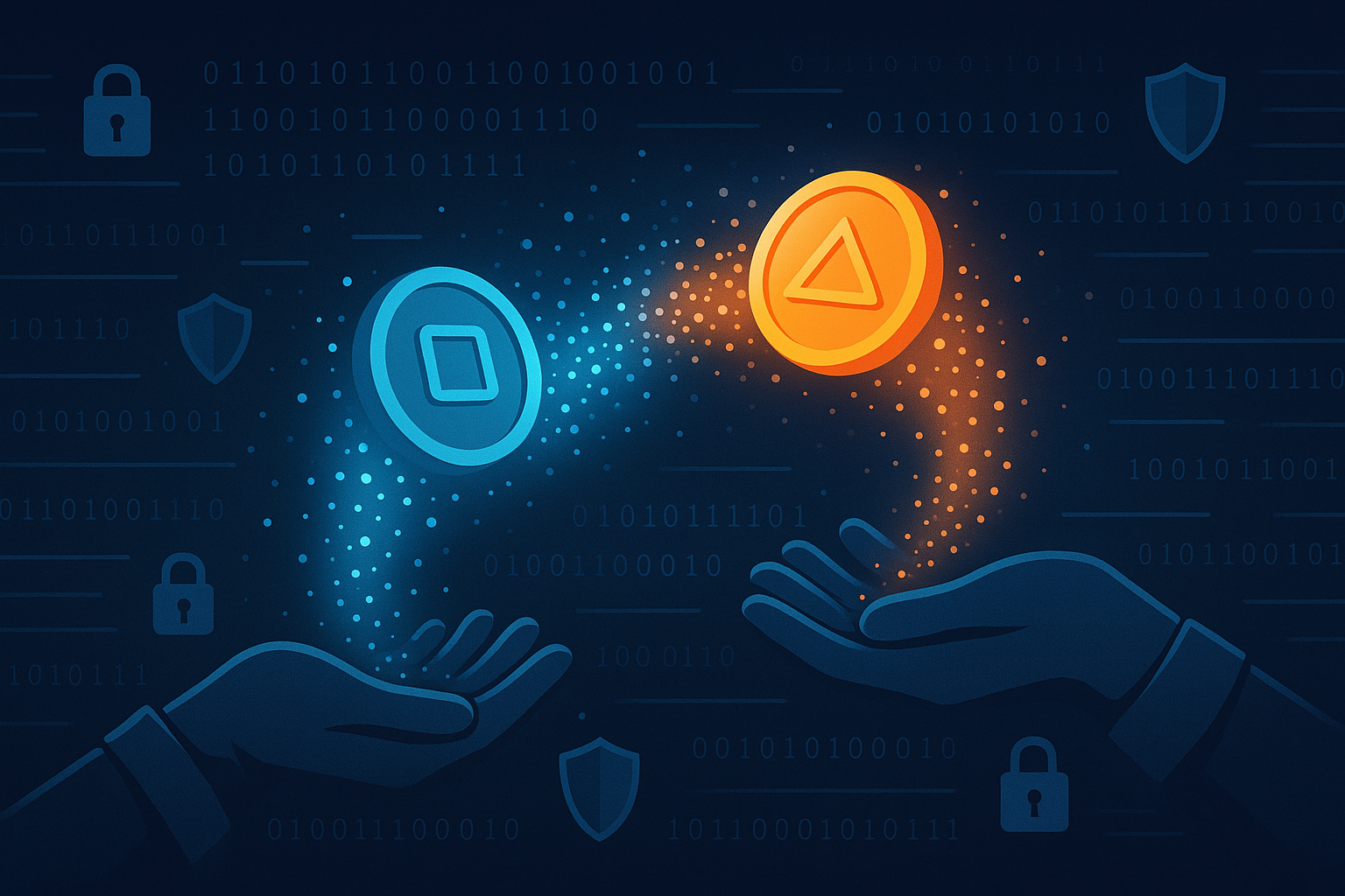 Abstract illustration of anonymous crypto swapping with coins and security icons
