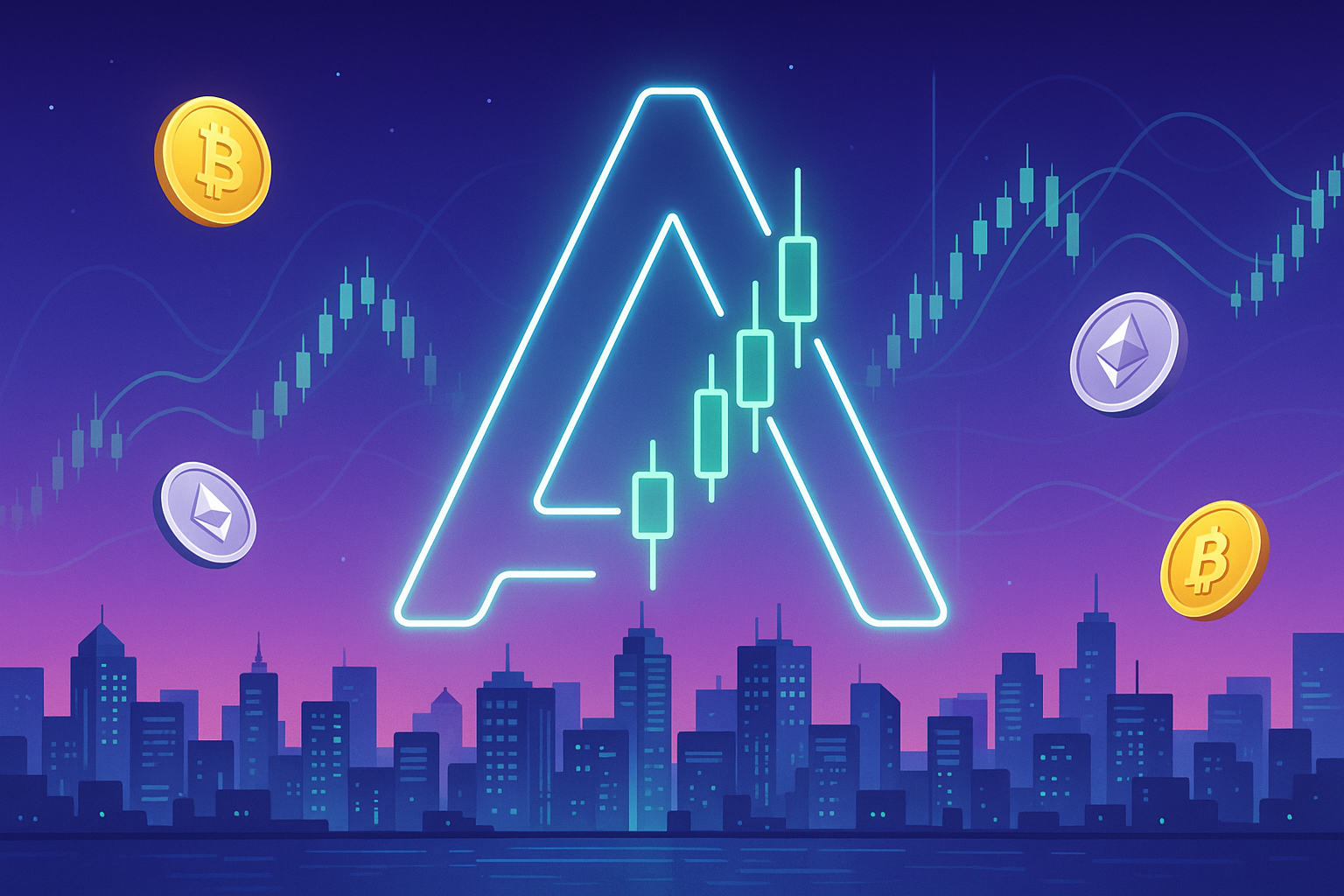 Futuristic Aptos price prediction banner with neon city, A symbol and crypto coins