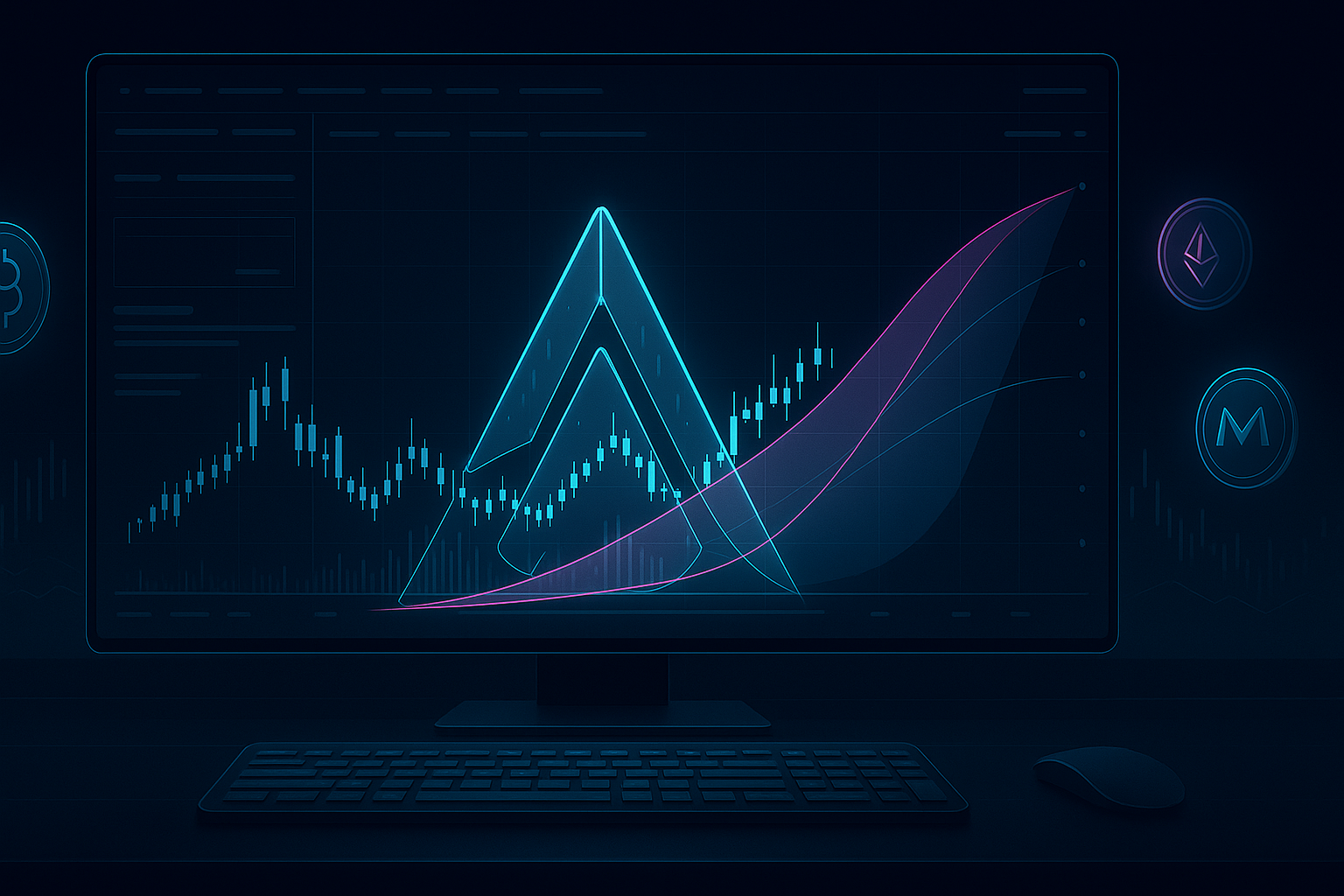 Futuristic digital trading desk with A-shaped crypto token and holographic price charts