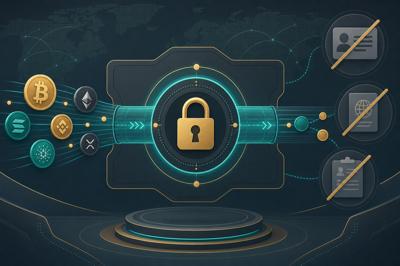 Stylized illustration of crypto tokens flowing through a privacy lock without identity documents