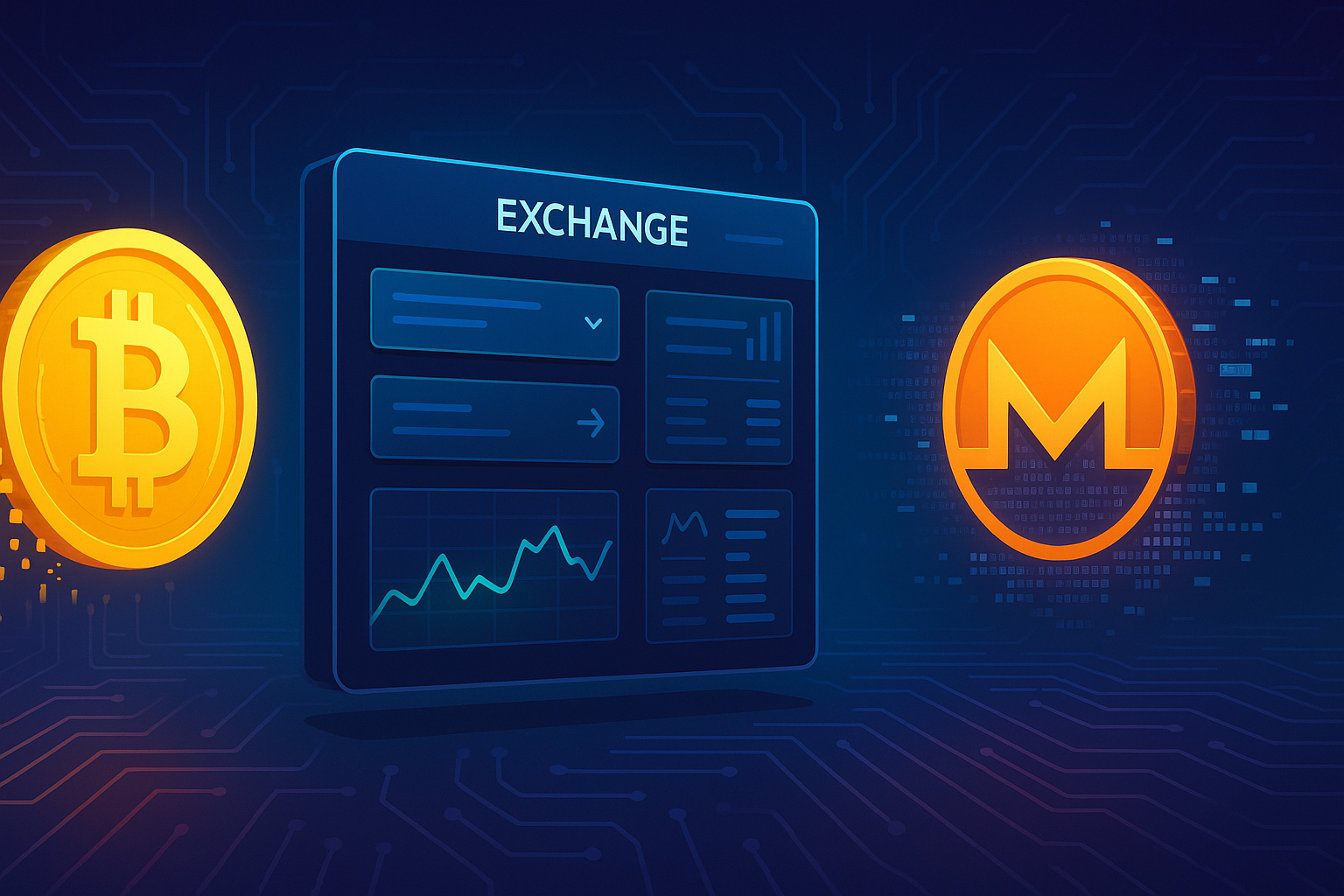 Digital crypto exchange interface swapping Bitcoin-like coin to Monero-like coin