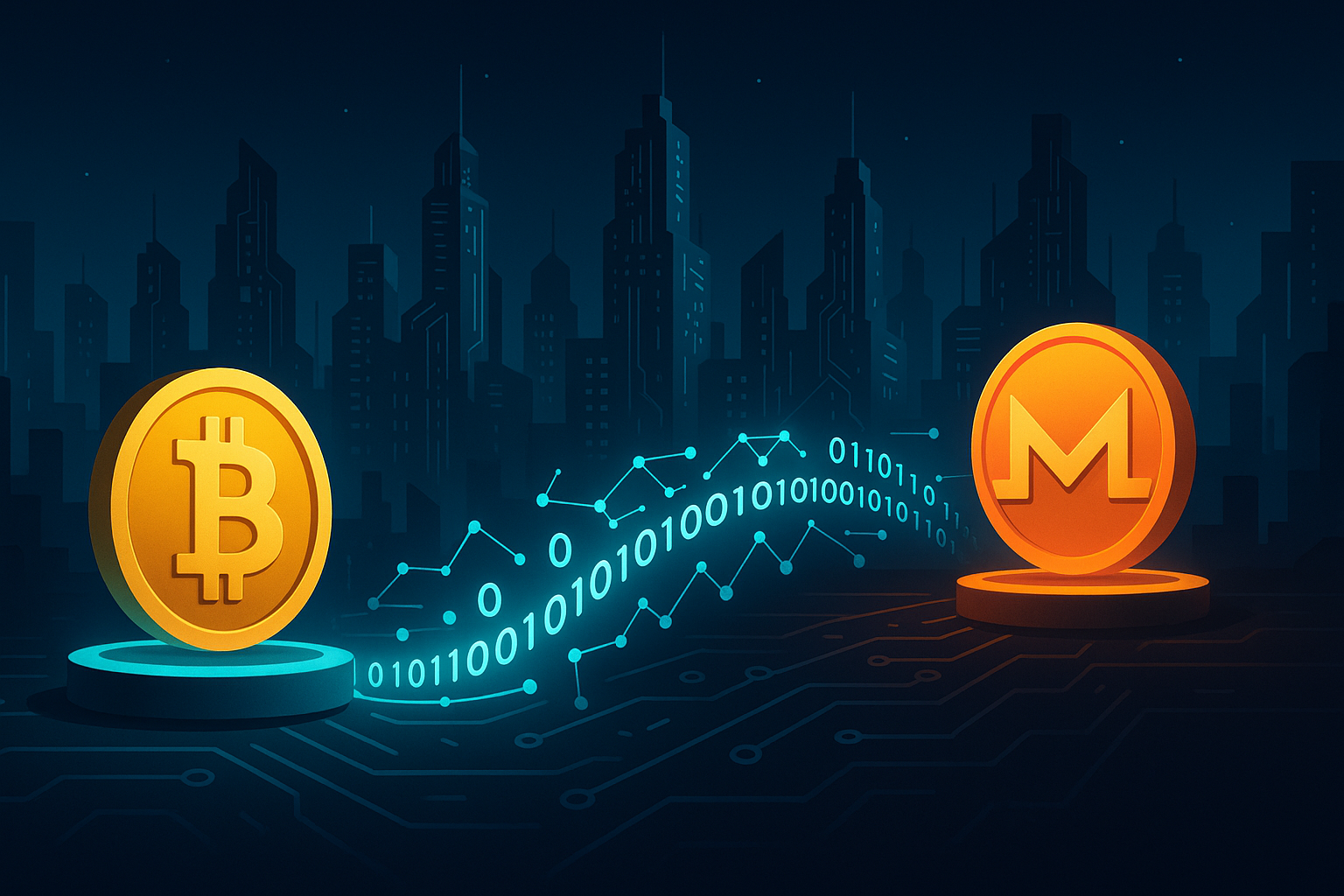 Futuristic crypto city showing BTC to XMR private cross-chain swap path