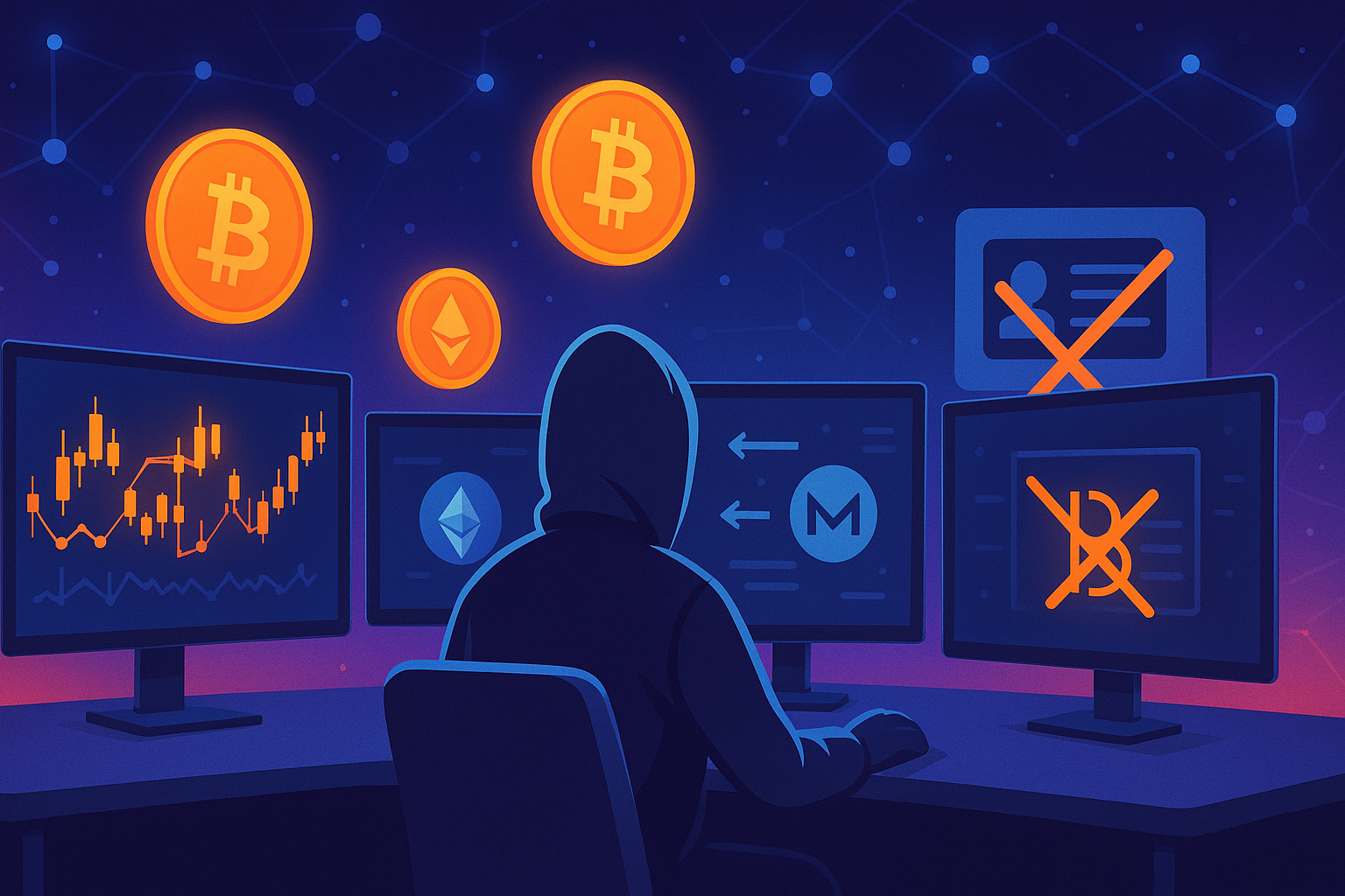 Anonymous crypto trader buying Bitcoin with no KYC on multiple monitors
