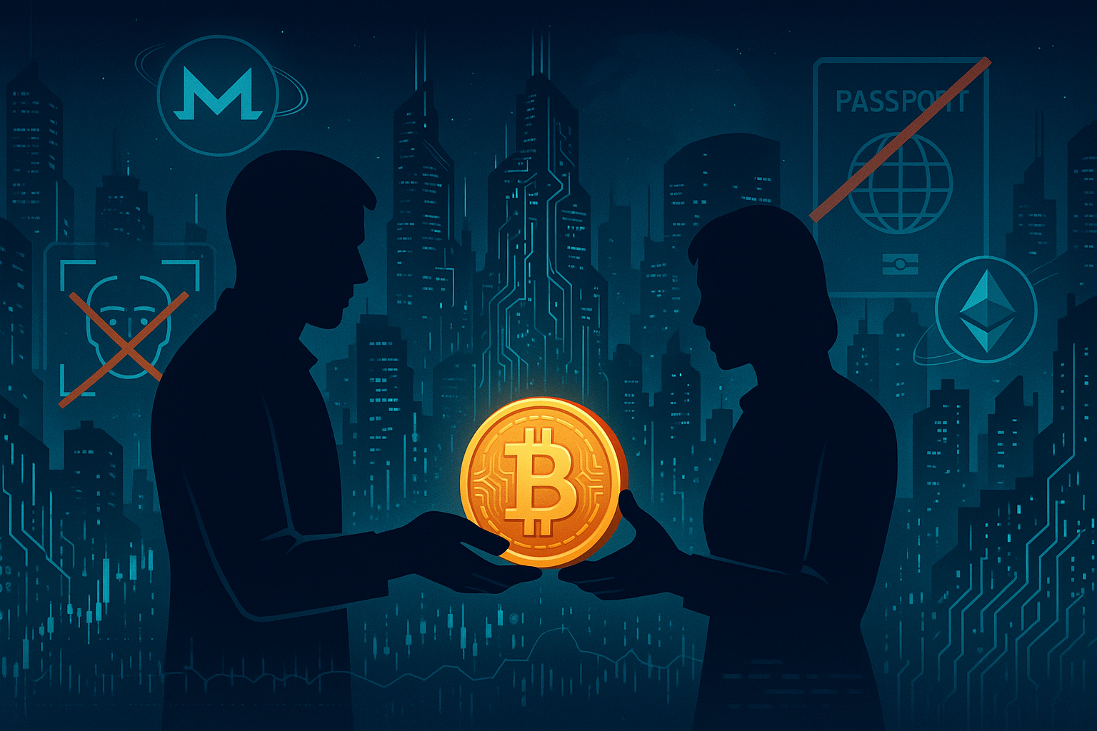 Futuristic neon crypto city with anonymous traders exchanging Bitcoin privately