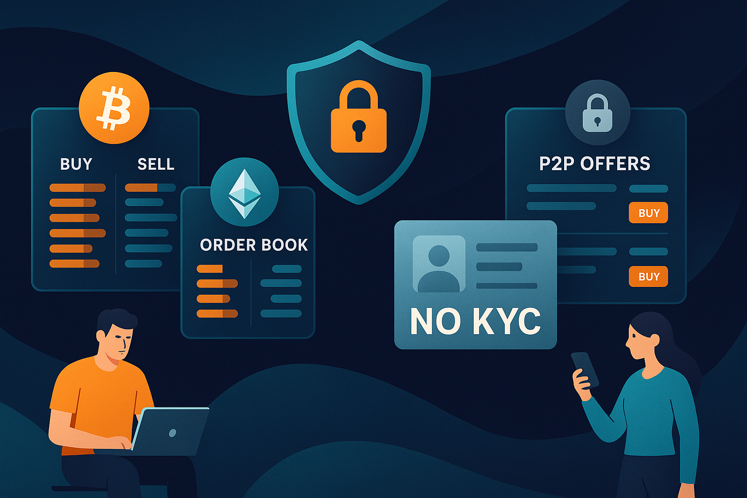 Decentralized crypto marketplace banner highlighting private no‑KYC Bitcoin and altcoin trading