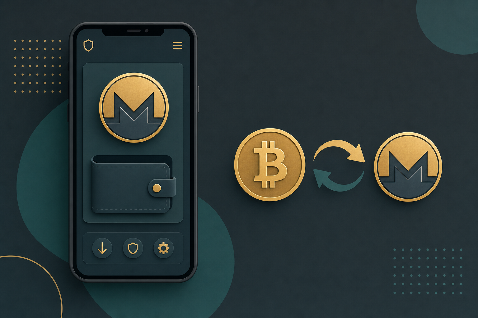 Stylized mobile phone showing a crypto wallet UI with a swap arrow converting Bitcoin to a Monero coin