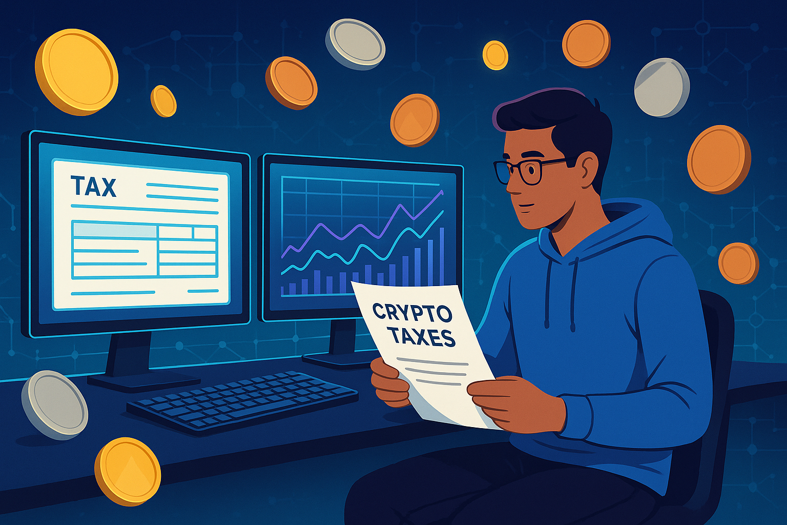 Modern digital workspace with crypto tax forms, charts and floating coins