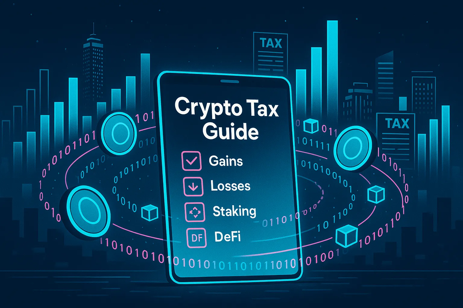 Horizonte futurista de uma cidade cripto com lista de verificação em tablet para guia de impostos sobre criptomoedas e moedas digitais.