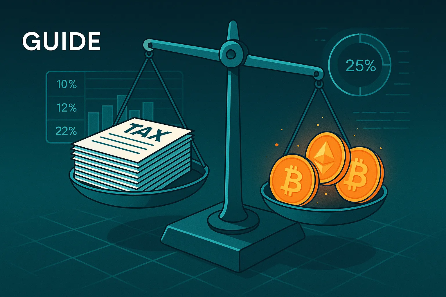 Balança digital equilibrando formulários de impostos em papel e criptomoedas para um guia de impostos sobre criptomoedas.