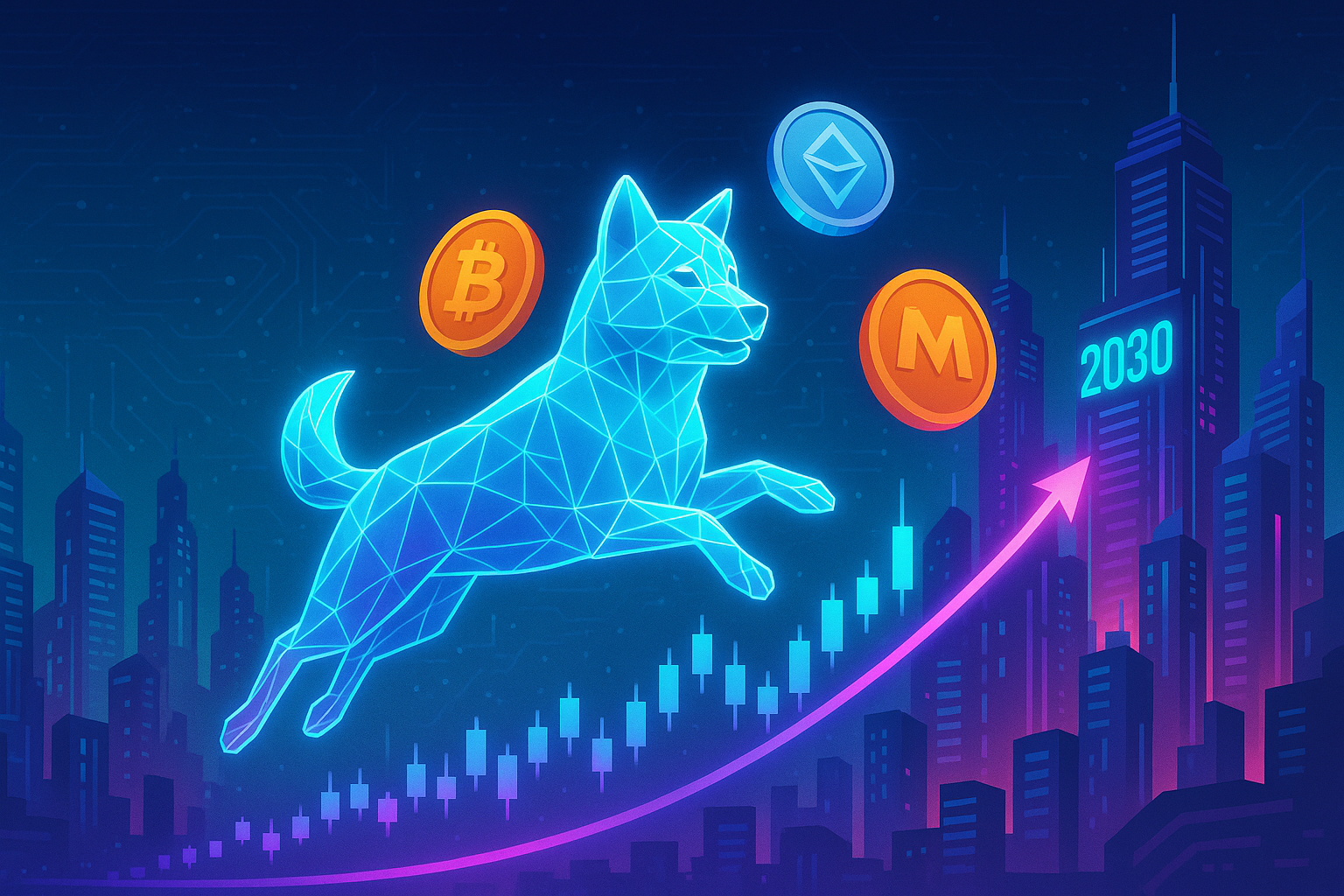 Futuristic 2030 crypto city with holographic Shiba Inu jumping over rising candlestick chart