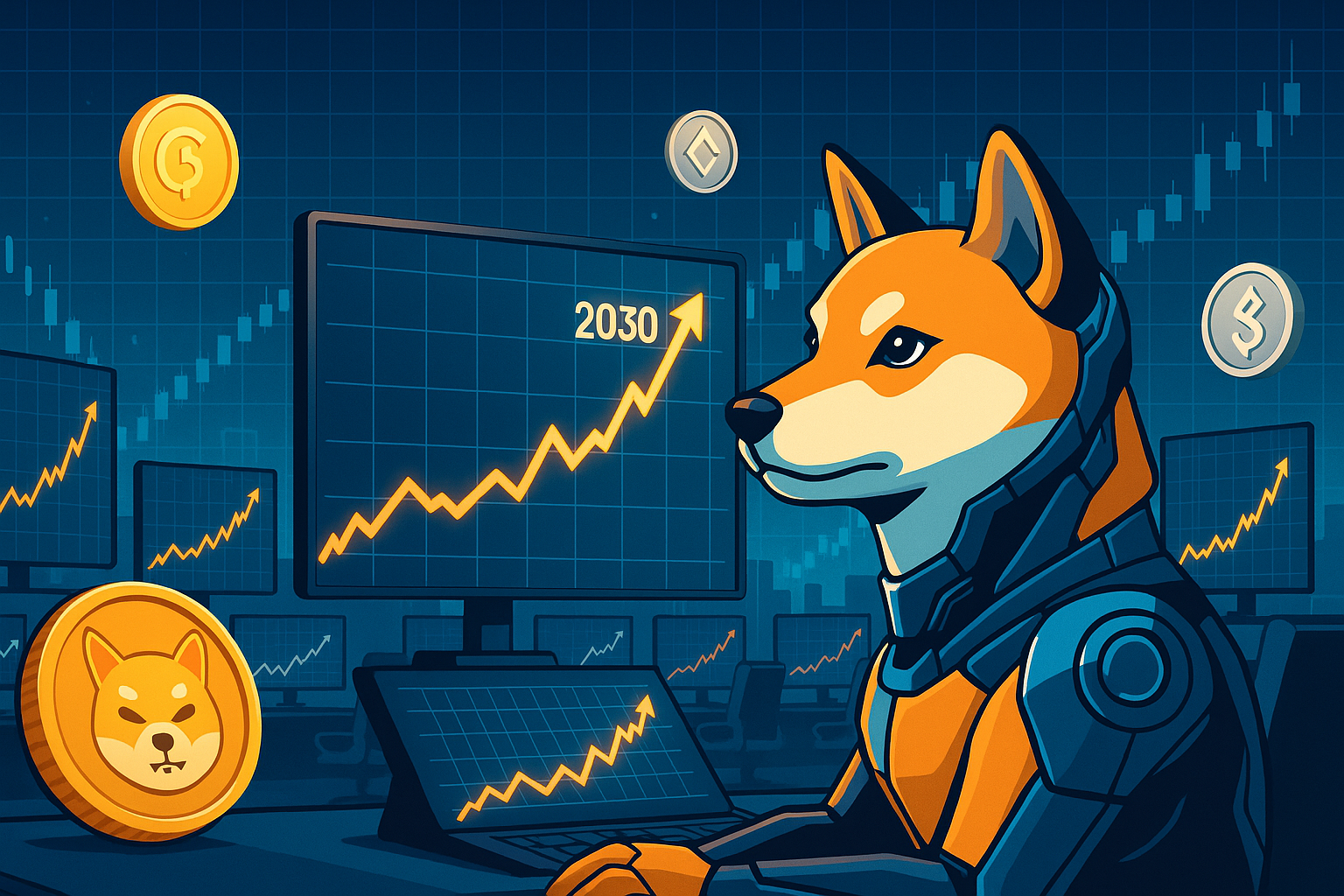 Futuristic Shiba Inu trader analyzing 2030 crypto price charts in a high-tech command center