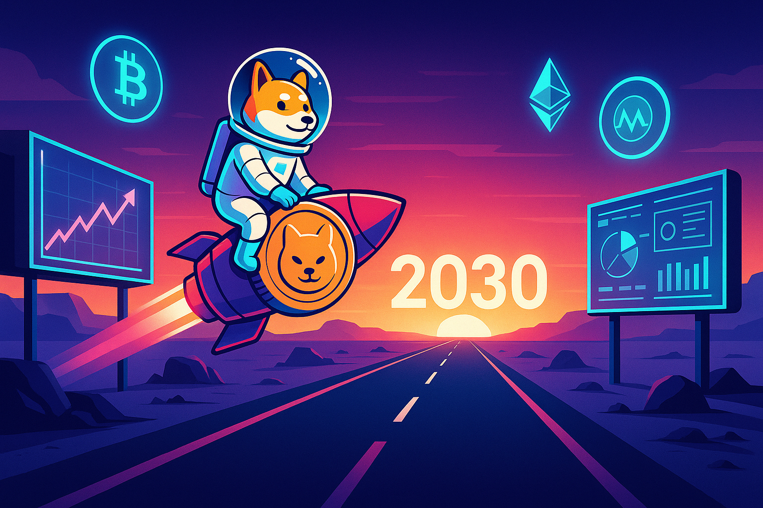 Digital desert highway to 2030 with Shiba astronaut on rocket coin and crypto price billboards