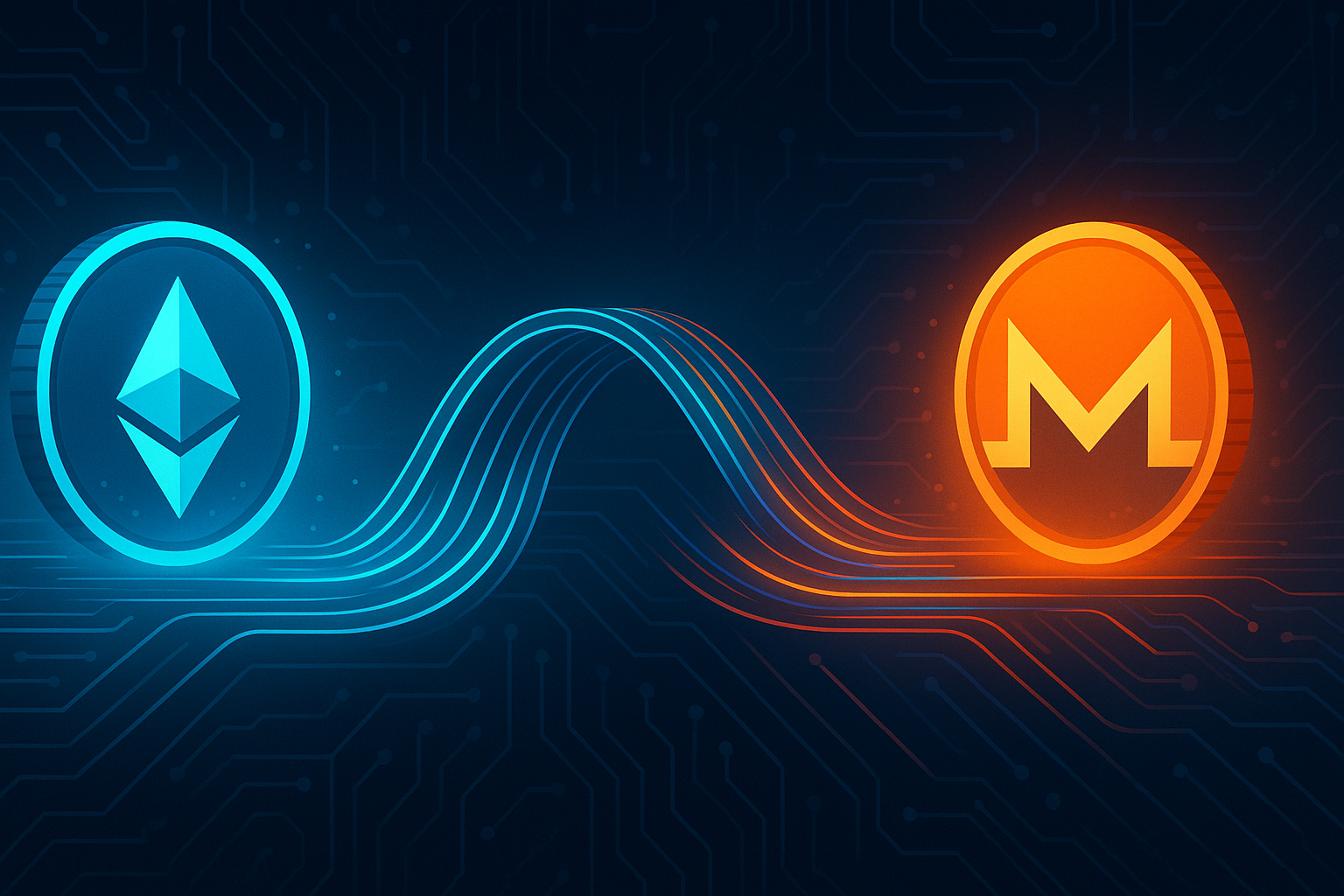 Futuristic crypto bridge visualizing Ethereum to Monero swap with neon data streams
