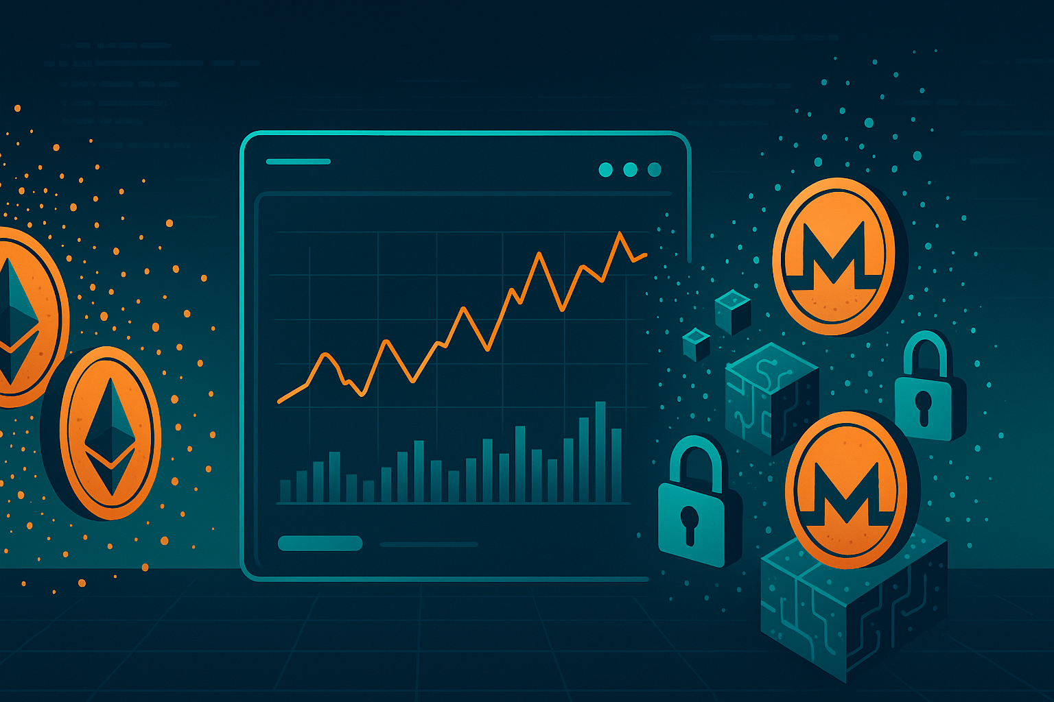 Futuristic dashboard converting Ethereum-style coins to Monero-style privacy coins