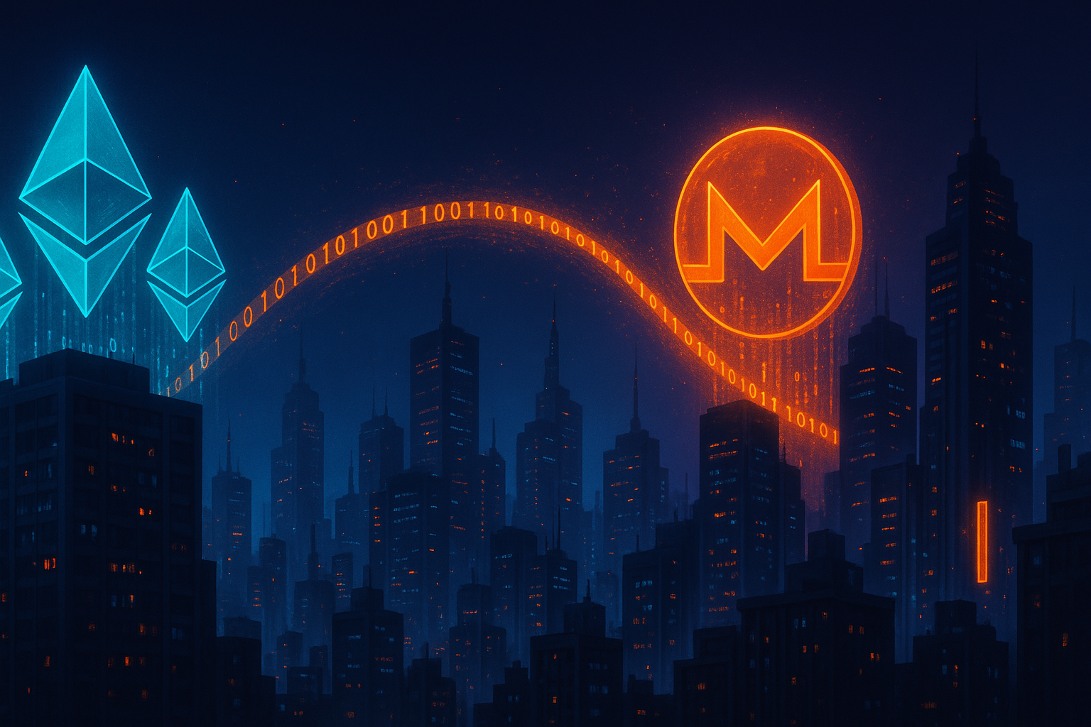 Cyberpunk city skyline with Ethereum and Monero coins linked by a neon data tunnel